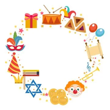 Purim frame template with space for text, isolated on white background. Vector Stock Illustration