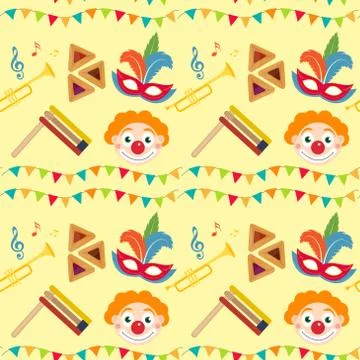 Purim seamless pattern with carnival elements. Happy Jewish festival, endless Stock Illustration