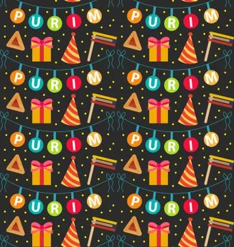 Purim seamless pattern with carnival elements. Happy Jewish festival, endless Stock Illustration