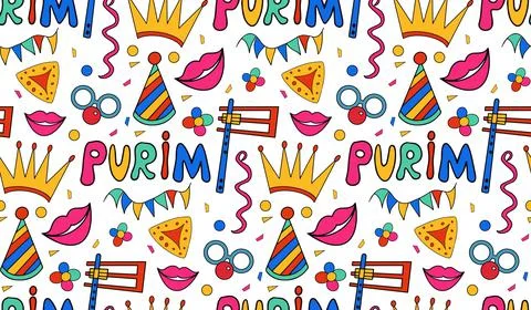 Purim seamless pattern with carnival elements. Happy Purim Jewish festival Stock Illustration