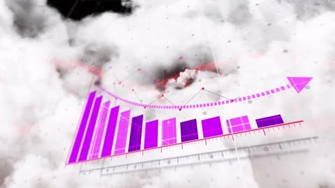 Purple 3D bar chart emerging when clouds parting drawing dotted arrow with nodes Stock Footage 333817345