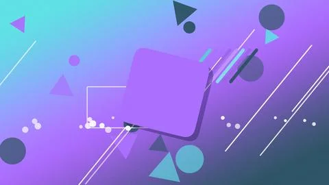 A purple 3D cube with a blue shadow sits amid floating shapes, lines, and d.. Ilustración de archivo