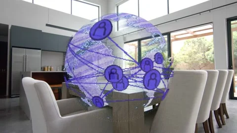 Purple 3D globe appearing above table, rotating clockwise showing pulsing icons Stock Footage 335739990