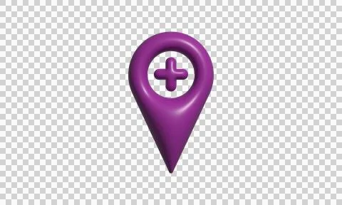 Purple 3D map location pin icon with a plus sign for navigation and healthc.. Stock Illustration