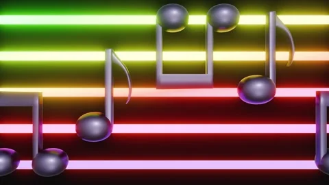 Purple 3D musical notes scroll past glowing rainbow neon staff lines Video stock 342029640