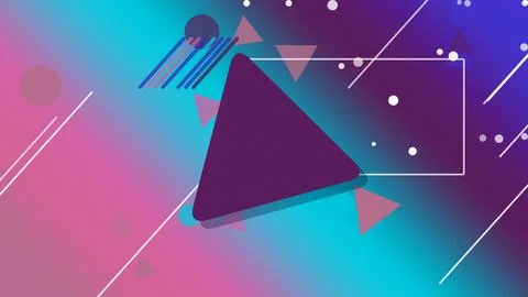 A purple 3D triangular form and glowing geometric outlines float over a tea.. Ilustração Stock