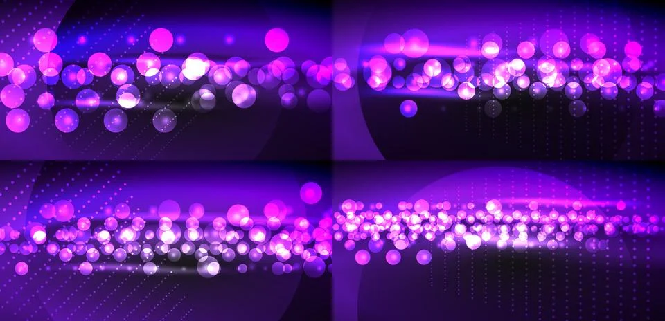 Purple abstract background. Bubbles, lights create dynamic visual effect. Dar Illustrazione stock