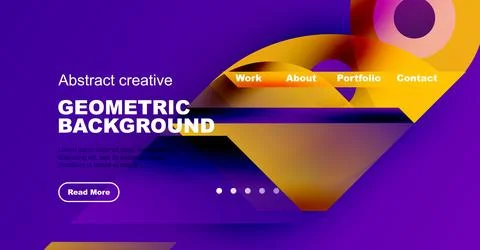 Purple abstract design features geometric shapes, text elements, navigation menu Stockillustratie