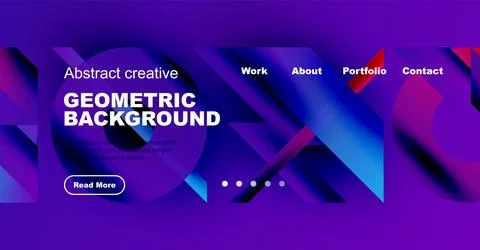 Purple abstract design features geometric shapes, text, navigation menu. Vibrant Stock Illustration