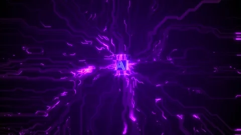 Purple AI circuit chip background glowing processor lines, neon pathways, Stock Footage 333978855