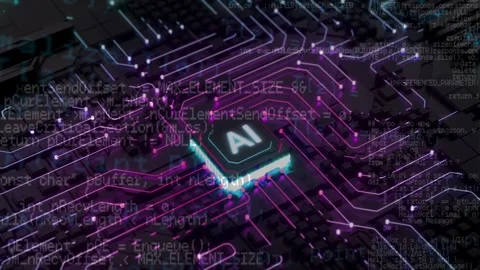 Purple AI Microchip on Motherboard with Source Code Stock Footage 336011259