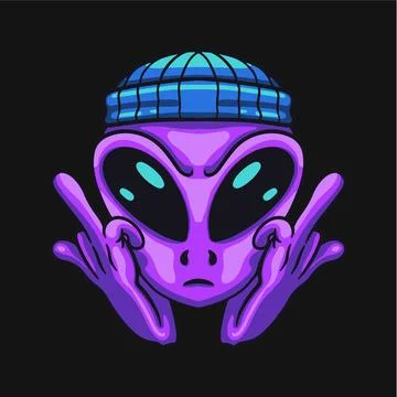Purple alien head with hand gesture wearing blue beannie fir streetwear print Stock Illustration