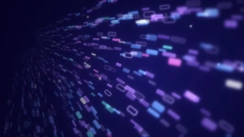 Purple and blue data blocks streaming through space with depth of field blur Vídeo Stock 344644138