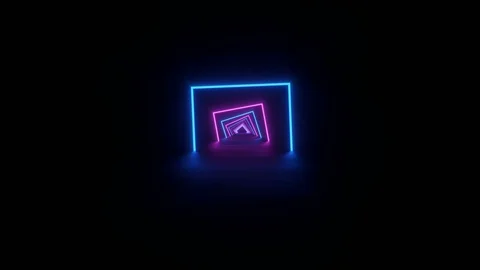 Purple and blue rotating square neons on a black reflective floor loop Stock Footage 124265683