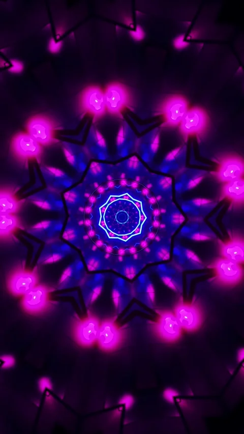 Purple and blue star pattern with lights. Kaleidoscope VJ loop Vertical. 3D Stock Footage 314835239