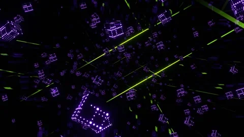 Purple and Light Green Levitating Cubes and Neon Lines in Cyberspace Backgro Video stock 328356868