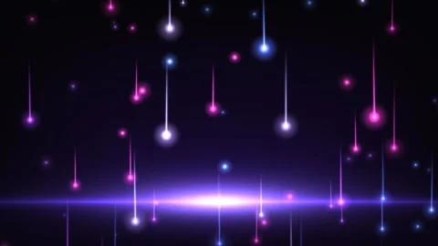 Purple and pink glowing particles falling with horizontal light flares. 4K Stock Footage 345112074