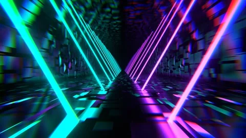 Purple and Turquoise Endless Sci-Fi Corridor with Neon Long Lamps Background Stock Footage 308534168