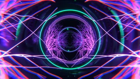 Purple and Turquoise Magic Tunnel with Glowing Trees and Rings Background VJ Stock Footage 344099202