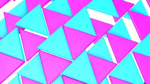 Purple and turquoise three-dimensional triangles fly on a white background. Loop Video stock 140291235