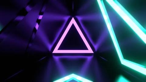 Purple and Turquoise Triangular Corridor with Bright Neon Flashes Background Stockbeeldmateriaal 344099021