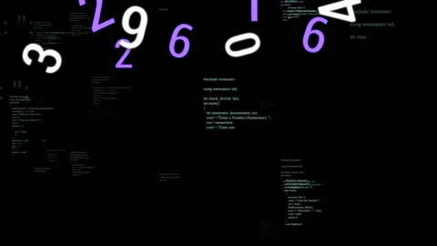 Purple and white digits emerging from bottom, forming rotating cloud above C++ Stock Footage 315559184