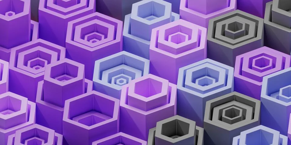 Purple and white hexagonal objects arranged in a pattern 3d render illustration Stock Illustration