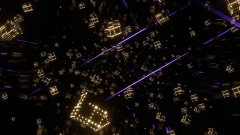 Purple and Yellow Levitating Cubes and Neon Lines in Cyberspace Background V Stock Footage 328356820