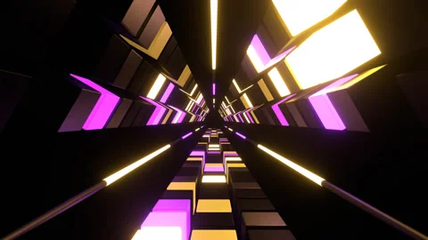 Purple and Yellow Neons in Triangular Tunnel of Squares Background VJ Loop Stock Footage 342279978