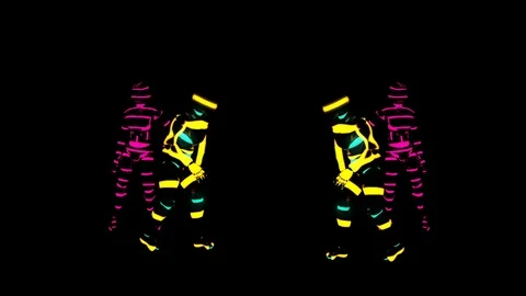 Purple And Yellow Robots Dancing In A Group Seamless Video Loop Stock Footage 116722831