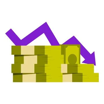 Purple arrow going down over a decreasing pile of money Stock Illustration