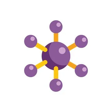 Purple atom particle with six electrons orbiting around nucleus icon Stock Illustration