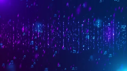 Purple audio symbols motion visual glowing music notes, cyan accents, soft bokeh Stock Footage 340573529