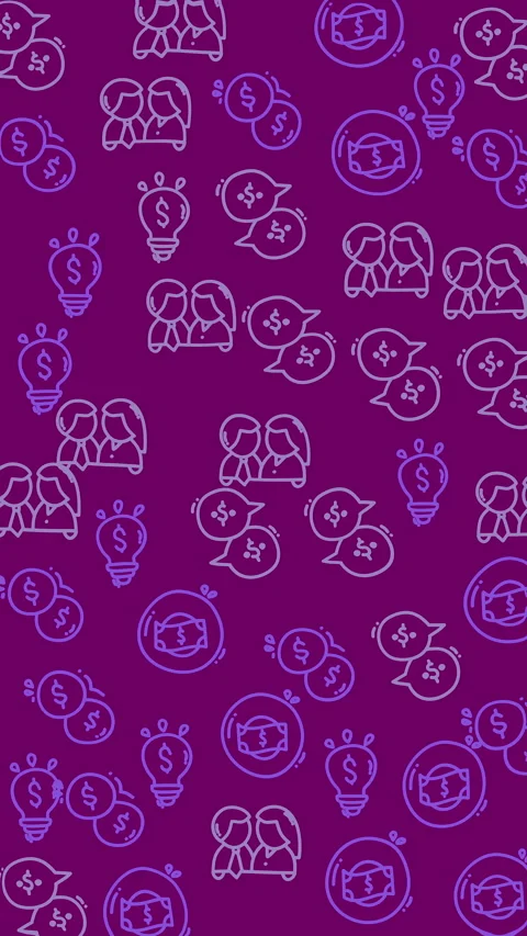 Purple background features playful doodles of people, ideas, and money Stock Footage 336013038