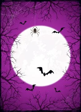 Purple Background with Halloween Moon and Scary Trees Illustration