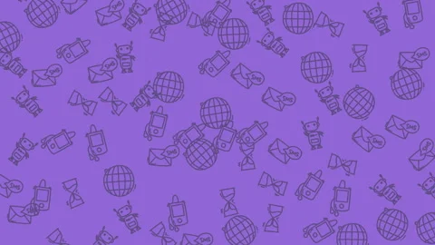 Purple background with scattered gray line art icons for website backgrounds Stockbeeldmateriaal 334600143