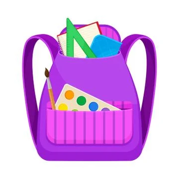 Purple backpack with a striped pocket. Vector illustration on a white background Stock Illustration