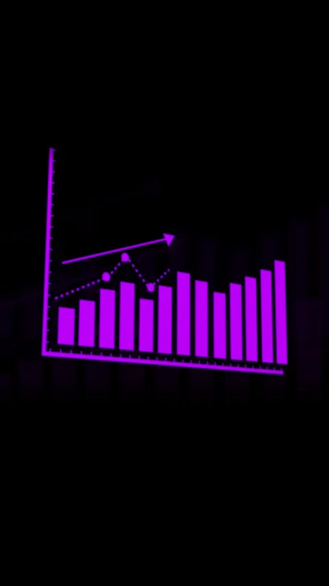 Purple Bar Chart with Upward Trend Arrow and Dotted Line on Dark Background.. Stock Footage 337459284
