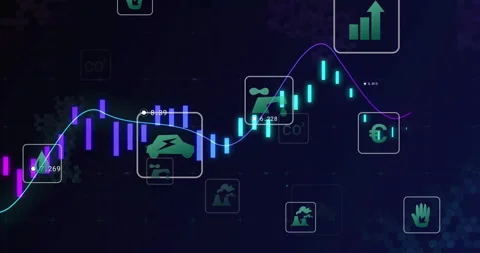 Purple bars decreasing and line dropping initiating icons then rising teal bars Stock Footage 310326545