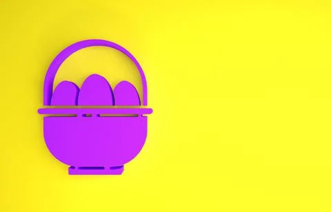 Purple Basket with easter eggs icon isolated on yellow background. Happy East 스톡 일러스트