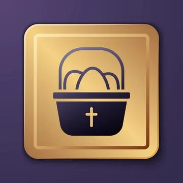 Purple Basket with easter eggs icon isolated on purple background. Happy East Stock Illustration