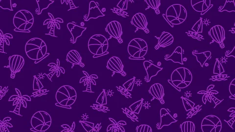 Purple beach-themed doodles float across a vibrant background Stock Footage 335711548