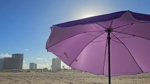 Purple beach umbrella with a cityscape in the background Stock-Footage 343586352