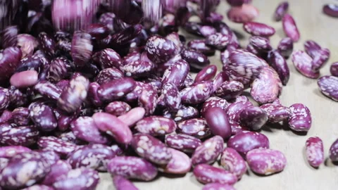 Purple beans falling and bouncing on wood surface Stock Footage 292302338