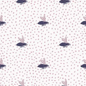 Purple bee silhouettes seamless pattern. Doodle animal print with whie backgr イラスト素材
