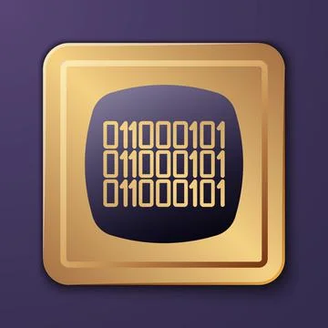 Purple Binary code icon isolated on purple background. Gold square button Stock Illustration
