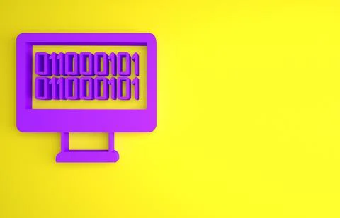 Purple Binary code icon isolated on yellow background. Minimalism concept. 3D Stock Illustration