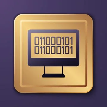Purple Binary code icon isolated on purple background. Gold square button 스톡 일러스트