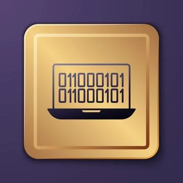 Purple Binary code icon isolated on purple background. Gold square button. .. Stock Illustration