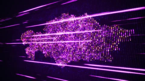 Purple Binary Digital Mosaic Grid Map Of Kazakhstan Perspective Light Streaks Stock Illustration